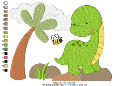 Sweet Baby Dinosaur Scene - Fill Stitch - Machine Embroidery Design