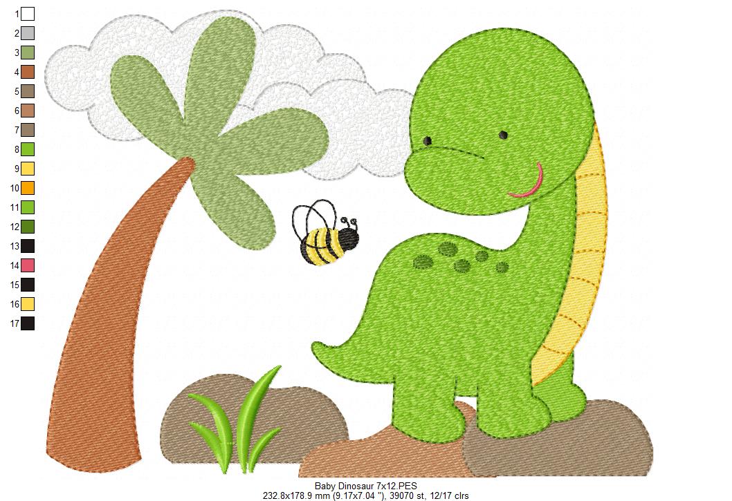 Sweet Baby Dinosaur Scene - Fill Stitch - Machine Embroidery Design