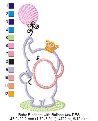 Baby Elephant With Balloon - Appliqué – Machine Embroidery Design