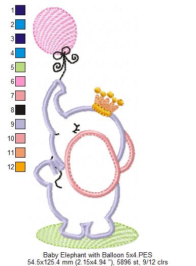 Baby Elephant With Balloon - Appliqué – Machine Embroidery Design