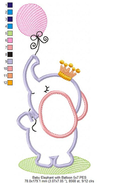 Baby Elephant With Balloon - Appliqué – Machine Embroidery Design