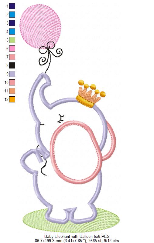 Baby Elephant With Balloon - Appliqué – Machine Embroidery Design