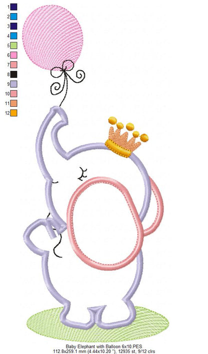 Baby Elephant With Balloon - Appliqué – Machine Embroidery Design