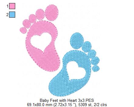 Tiny Baby Feet with Hearts - Fill Stitch - Machine Embroidery Design