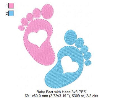 Tiny Baby Feet with Hearts - Fill Stitch - Machine Embroidery Design