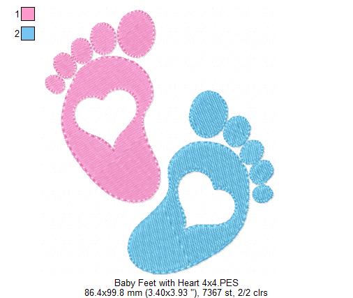 Tiny Baby Feet with Hearts - Fill Stitch - Machine Embroidery Design