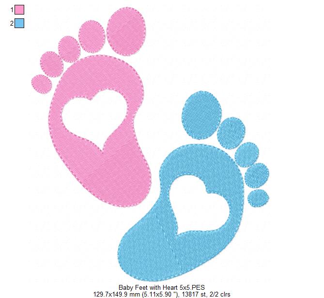 Tiny Baby Feet with Hearts - Fill Stitch - Machine Embroidery Design