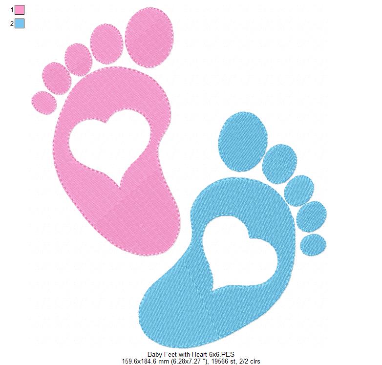 Tiny Baby Feet with Hearts - Fill Stitch - Machine Embroidery Design