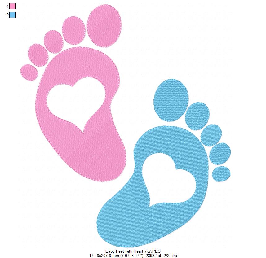 Tiny Baby Feet with Hearts - Fill Stitch - Machine Embroidery Design