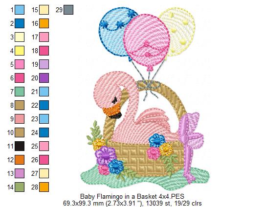 Baby Flamingo in a Basket - Fill Stitch - Machine Embroidery Design