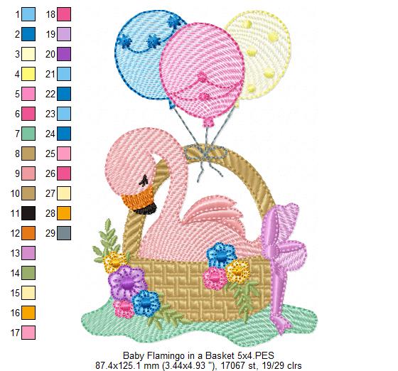 Baby Flamingo in a Basket - Fill Stitch - Machine Embroidery Design