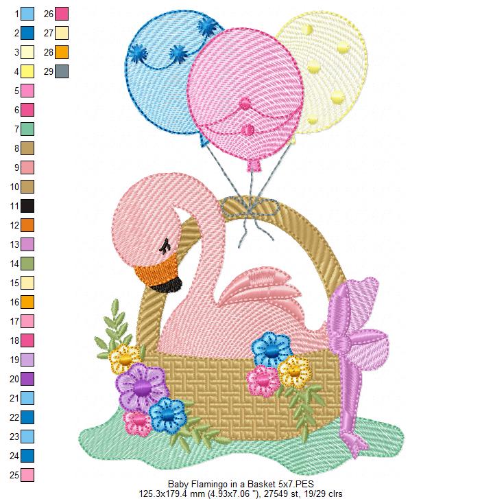 Baby Flamingo in a Basket - Fill Stitch - Machine Embroidery Design