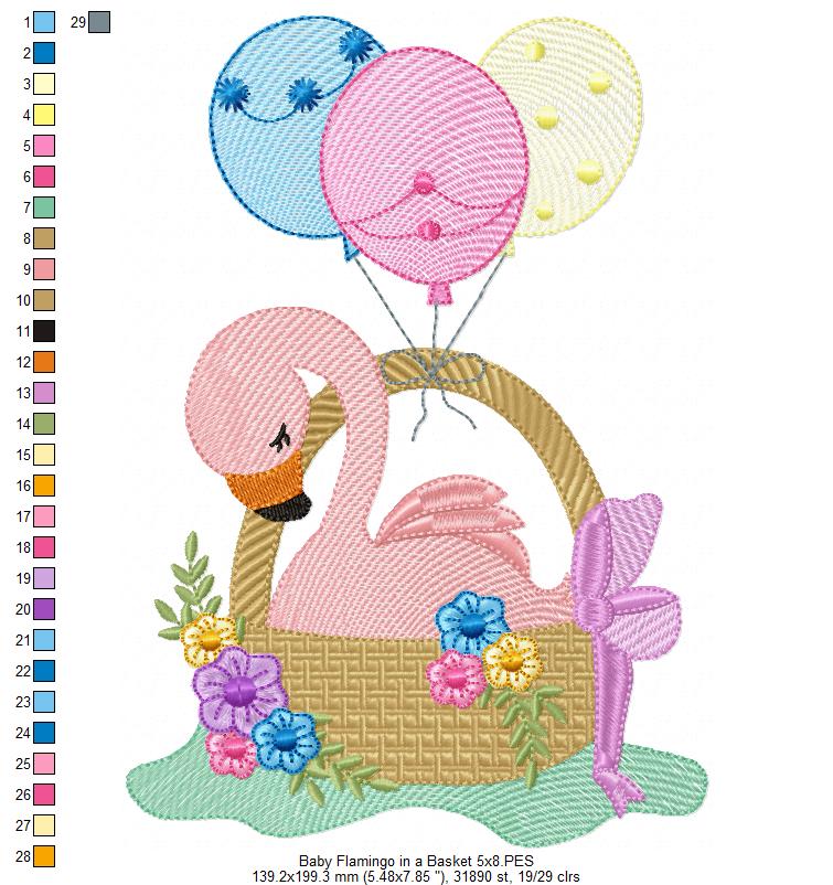 Baby Flamingo in a Basket - Fill Stitch - Machine Embroidery Design