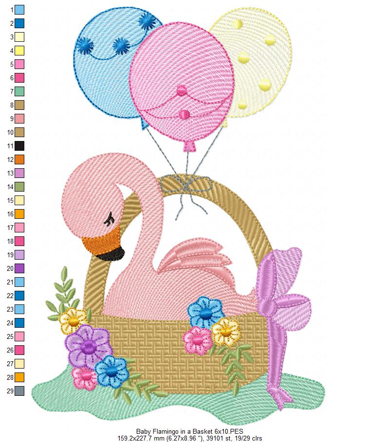 Baby Flamingo in a Basket - Fill Stitch - Machine Embroidery Design