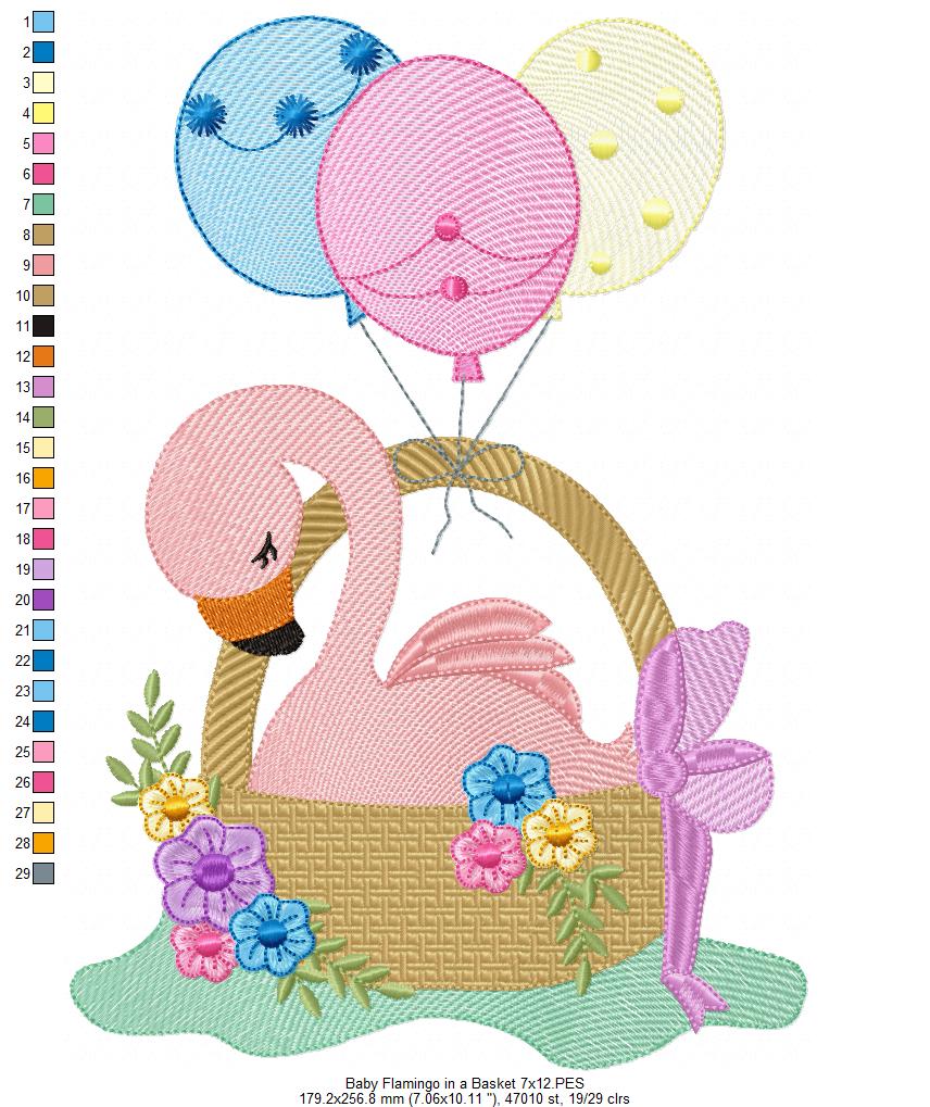 Baby Flamingo in a Basket - Fill Stitch - Machine Embroidery Design