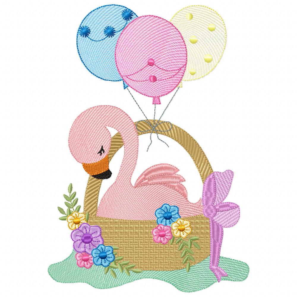 Baby Flamingo in a Basket - Fill Stitch - Machine Embroidery Design