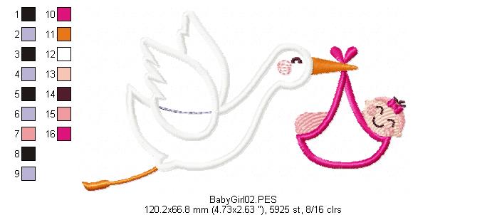 Stork - It's a Baby Boy and Girl - Applique - Set of 2 designs - Machine Embroidery Design
