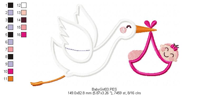 Stork - It's a Baby Boy and Girl - Applique - Set of 2 designs - Machine Embroidery Design