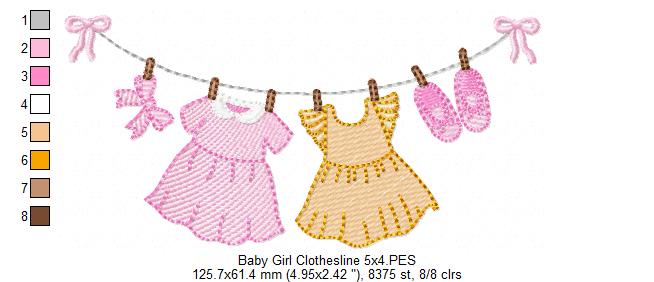 Baby Girl Clothesline - Fill Stitch - Machine Embroidery Design