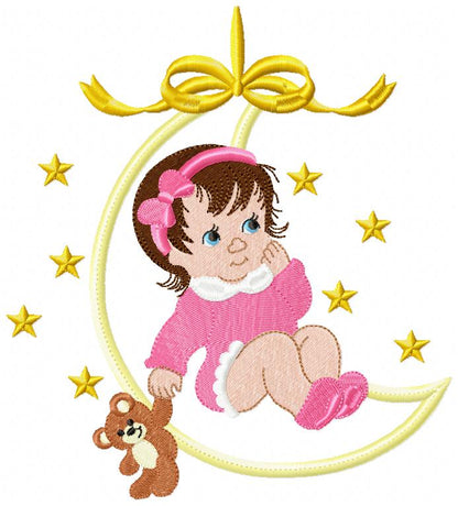Baby Girl and Teddy Bear on the Moon - Applique