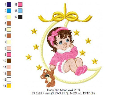 Baby Girl and Teddy Bear on the Moon - Applique