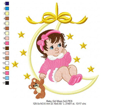 Baby Girl and Teddy Bear on the Moon - Applique