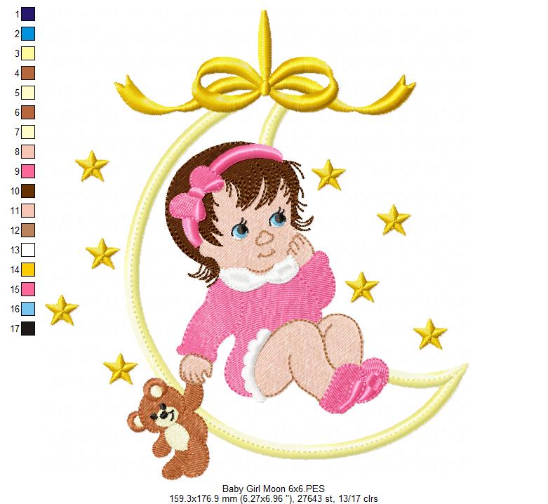 Baby Girl and Teddy Bear on the Moon - Applique