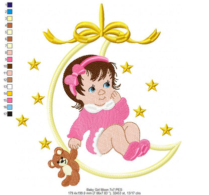 Baby Girl and Teddy Bear on the Moon - Applique