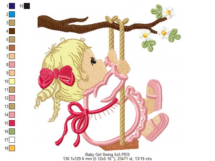 Baby Girl on Garden Swing - Applique Embroidery