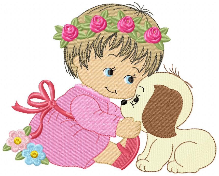 Baby Girl Smile and Puppy - Fill Stitch