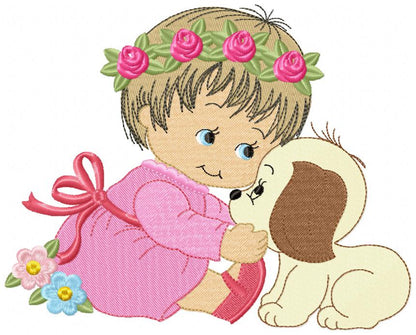 Baby Girl Smile and Puppy - Fill Stitch