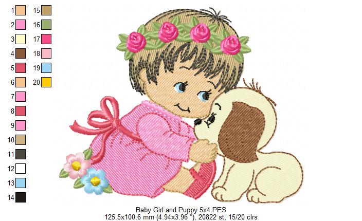 Baby Girl Smile and Puppy - Fill Stitch