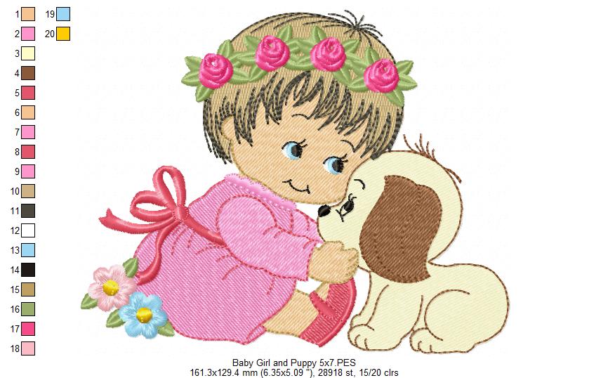 Baby Girl Smile and Puppy - Fill Stitch