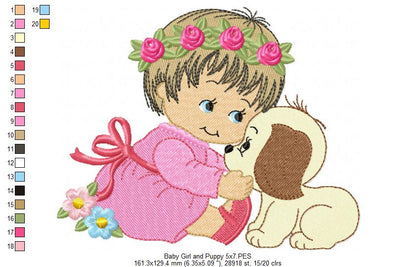 Baby Girl Smile and Puppy - Fill Stitch