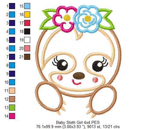 Baby Sloth Girl – Applique Stitch – Machine Embroidery Design