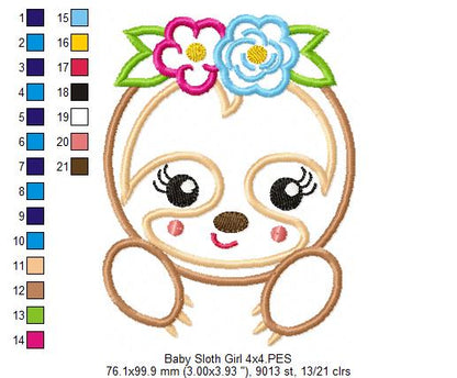 Baby Sloth Girl – Applique Stitch – Machine Embroidery Design