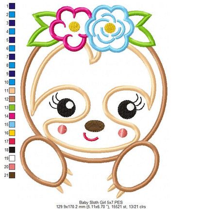 Baby Sloth Girl – Applique Stitch – Machine Embroidery Design