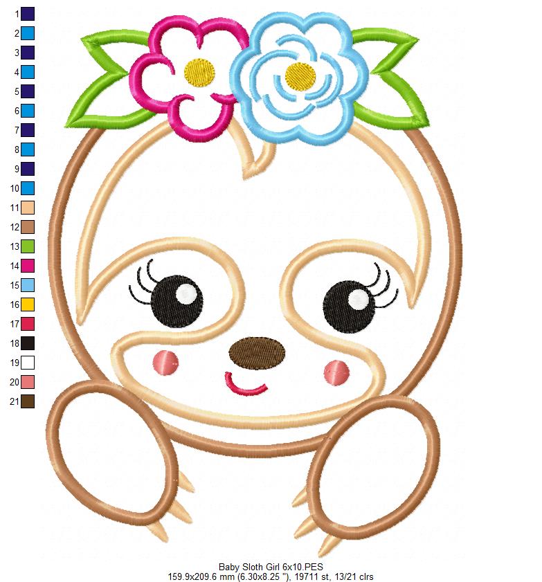 Baby Sloth Girl – Applique Stitch – Machine Embroidery Design