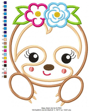Baby Sloth Girl – Applique Stitch – Machine Embroidery Design