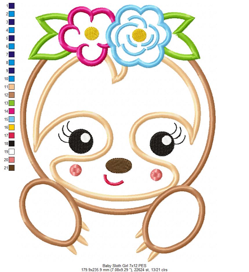 Baby Sloth Girl – Applique Stitch – Machine Embroidery Design