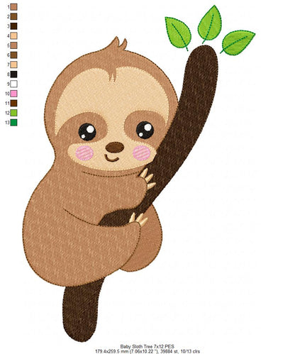 Baby Sloth Tree - Fill Stitch - Machine Embroidery Design