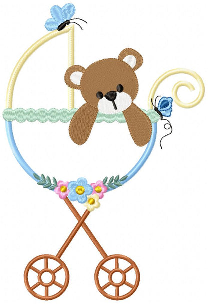Baby Teddy Bear Boy in the Stroller - Applique
