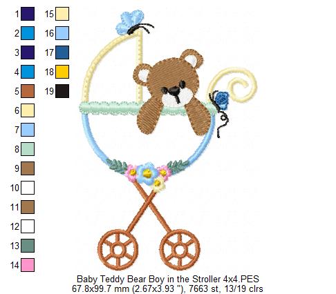 Baby Teddy Bear Girl and Boy in the Stroller - Applique - Set of 2 designs