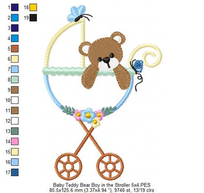 Baby Teddy Bear Girl and Boy in the Stroller - Applique - Set of 2 designs