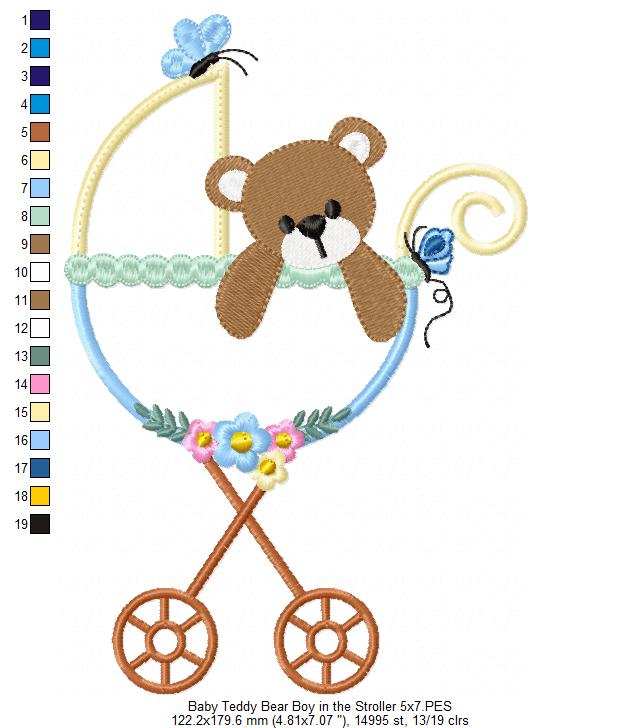 Baby Teddy Bear Boy in the Stroller - Applique