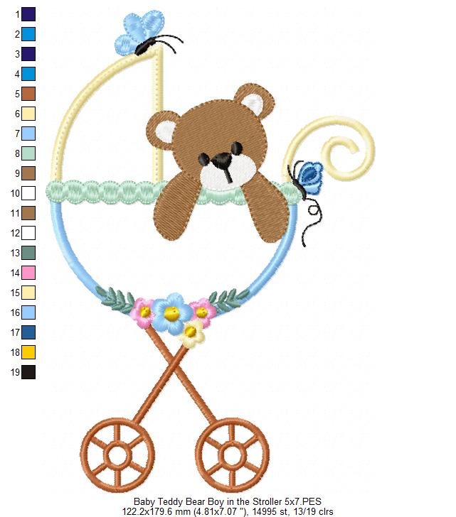 Baby Teddy Bear Girl and Boy in the Stroller - Applique - Set of 2 designs