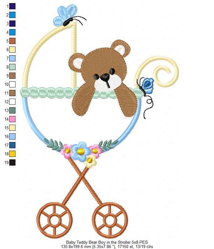 Baby Teddy Bear Boy in the Stroller - Applique