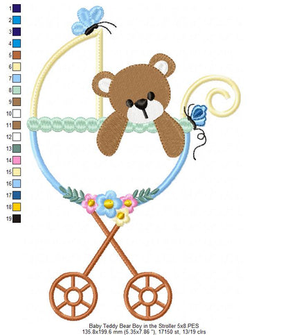 Baby Teddy Bear Girl and Boy in the Stroller - Applique - Set of 2 designs