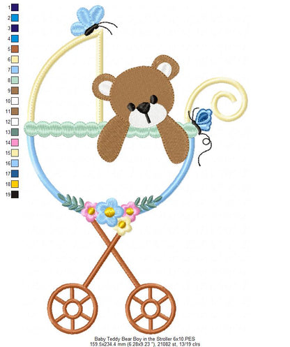 Baby Teddy Bear Girl and Boy in the Stroller - Applique - Set of 2 designs