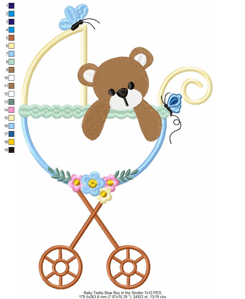 Baby Teddy Bear Boy in the Stroller - Applique